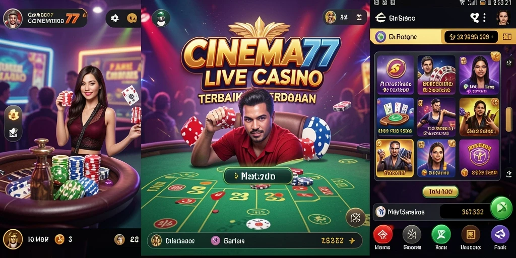 Screenshot utama CINEMA77 menampilkan dealer langsung yang berinteraksi dengan pemain.