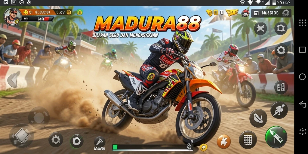 Screenshot gameplay MADURA88 yang menampilkan aksi balapan motor yang mendebarkan.