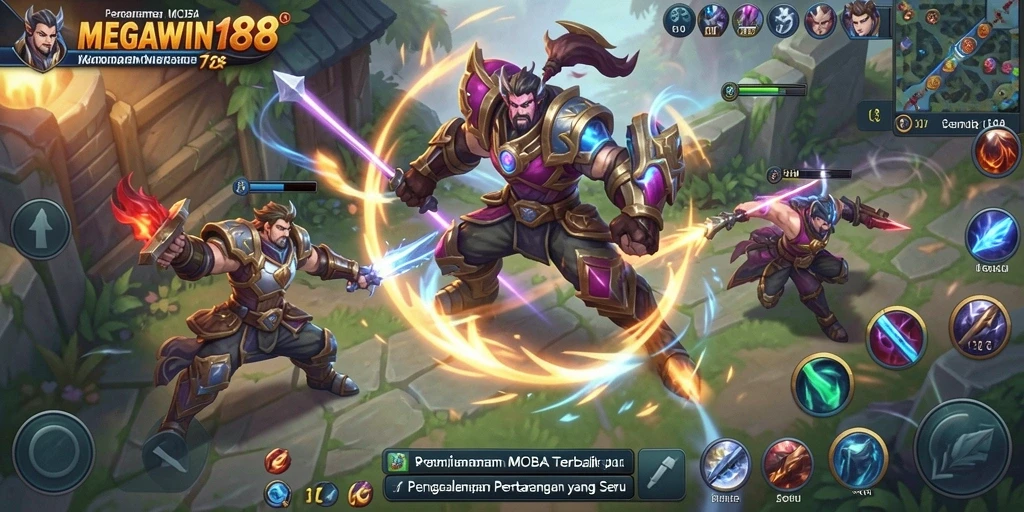 Tangkapan layar gameplay MEGAWIN188 dengan aksi seru di arena MOBA.