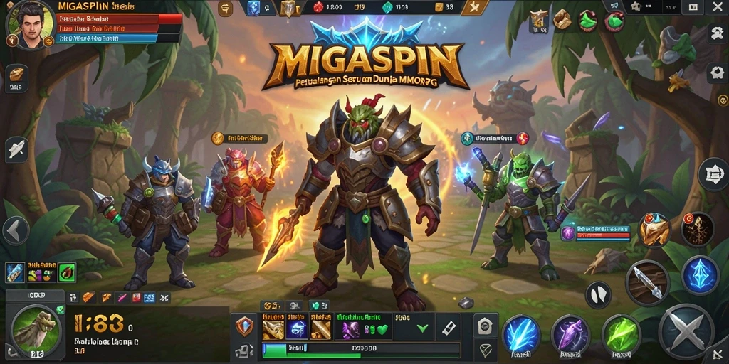Screenshot gameplay MIGASPIN dengan pertempuran epik di MMORPG.