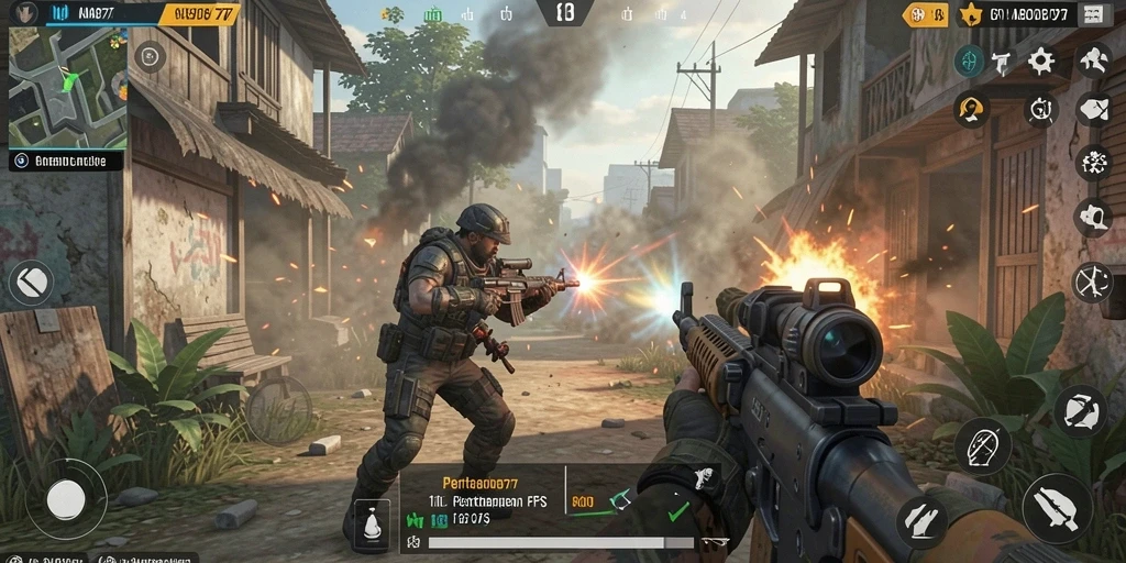 Screenshot gameplay NABOB77 saat pertempuran intens di arena FPS.