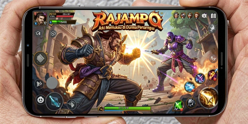 Screenshot utama RAJAMPO menunjukkan pertarungan aksi yang mendebarkan.