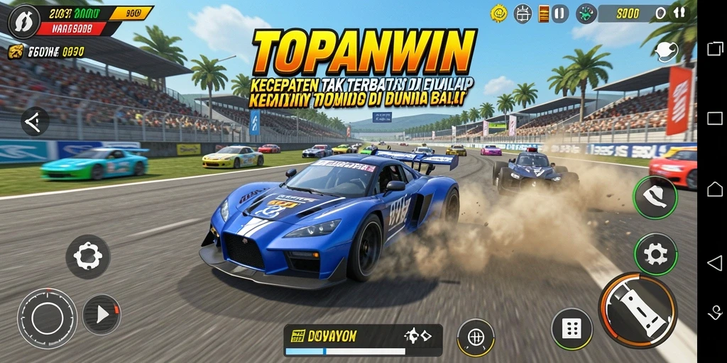 Screenshot utama TOPANWIN menampilkan aksi balapan mobil yang mendebarkan.